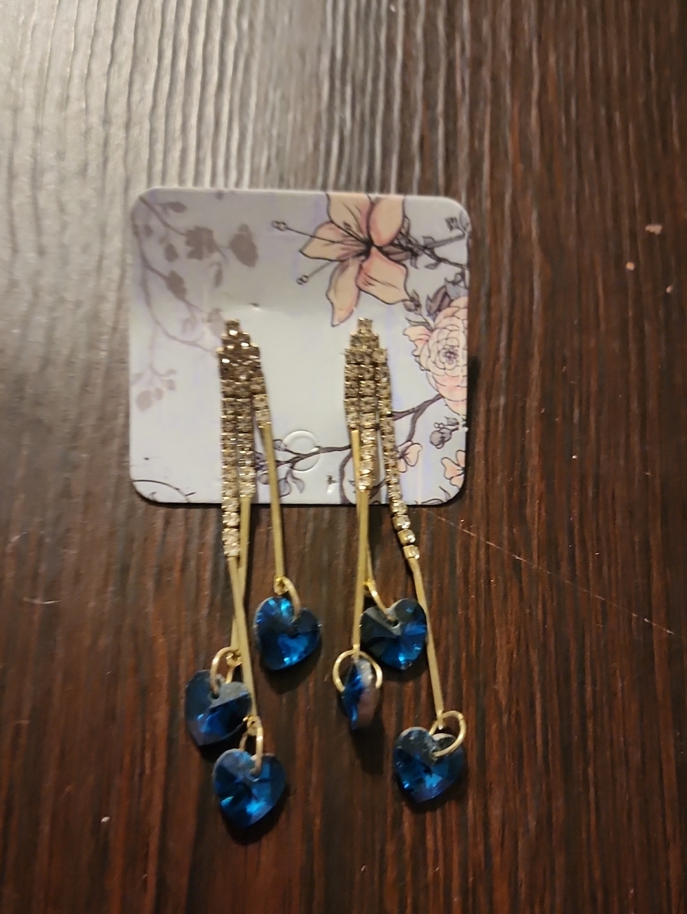 Gold-Tone Drop Earrings with Blue Crystal Hearts